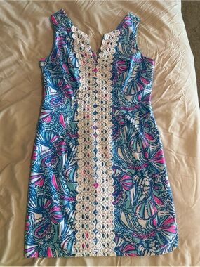Lilly Pulitzer Blue, Pink and White Sleeveless Shift Dress with Lace Trim